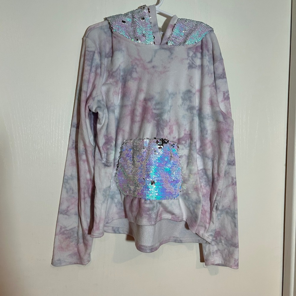 Self Esteem Girls Large Purple Tie Dye Fleece Hoodie Iridescent Sequins Large